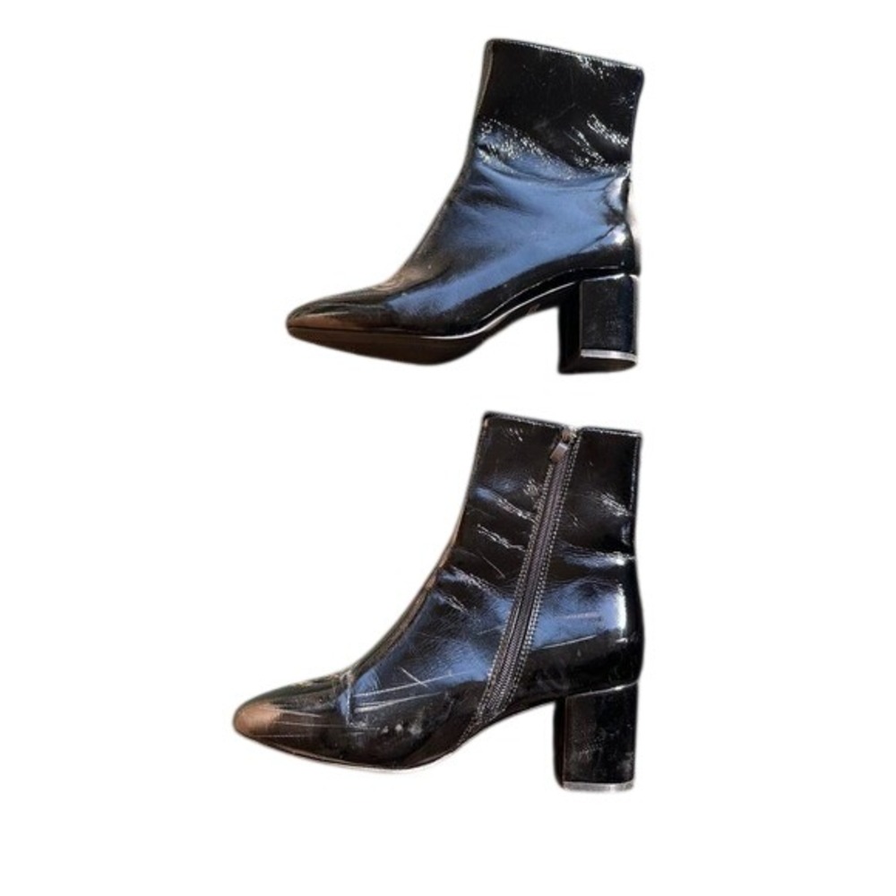 Black Patent Faux Leather‎ Square Toe Block Heel Ankle Boots EUR 39